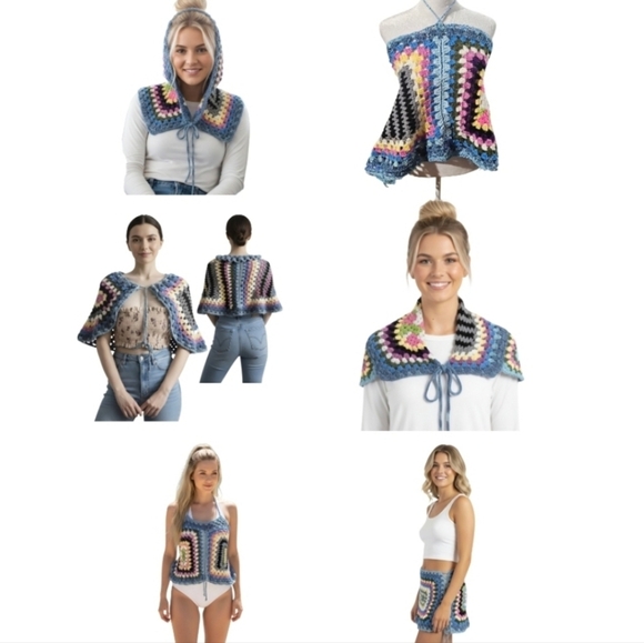 Handmade 6-in-1 Crochet Granny Square Crochet SwimTop Skirt Shawl Scarf Hat OOAK - Picture 4 of 17